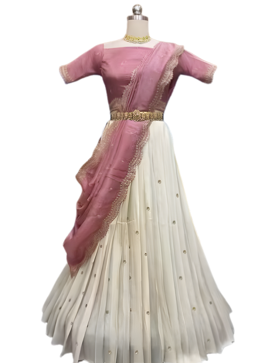 Pink & Cream Semi-Stitched Embroidered Lehenga with Dupatta – Premium Party & Wedding Wear