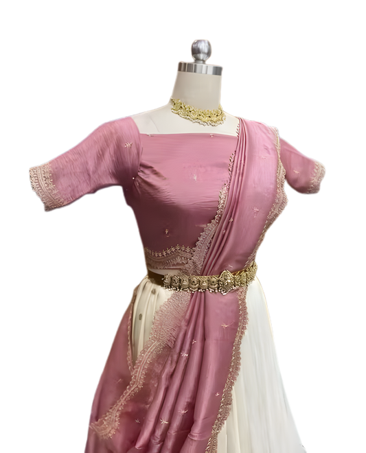 Pink & Cream Semi-Stitched Embroidered Lehenga with Dupatta – Premium Party & Wedding Wear